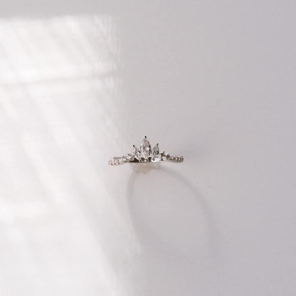 Tiara Marquise Cut Diamond Ring Crown Dainty Curved Sterling Silver - Picture 2 of 6